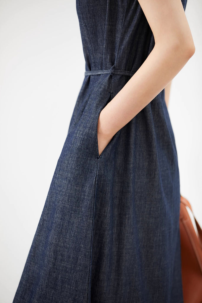 Paneled Sleeveless Denim A-Line Dress with Belt  Fibflx