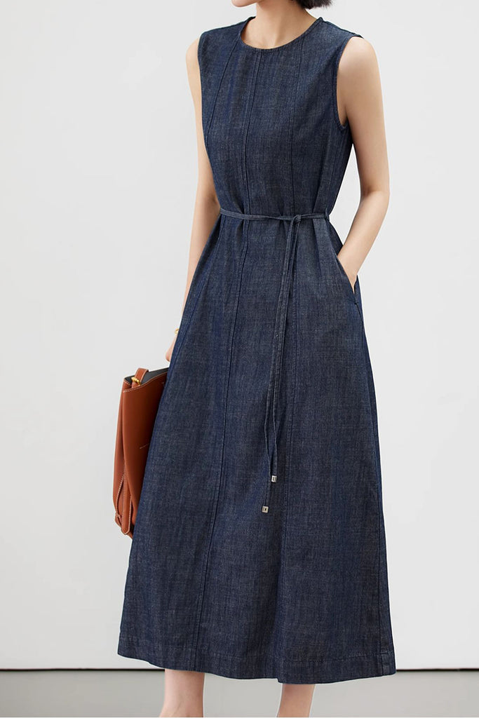 Paneled Sleeveless Denim A-Line Dress with Belt  Fibflx