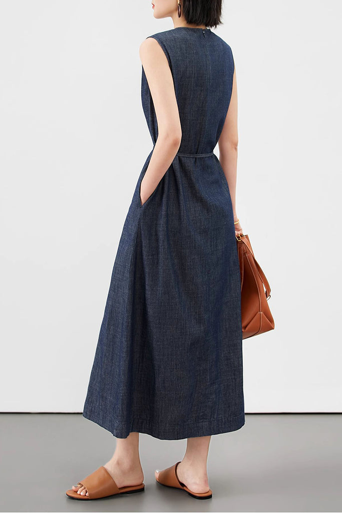 Paneled Sleeveless Denim A-Line Dress with Belt  Fibflx