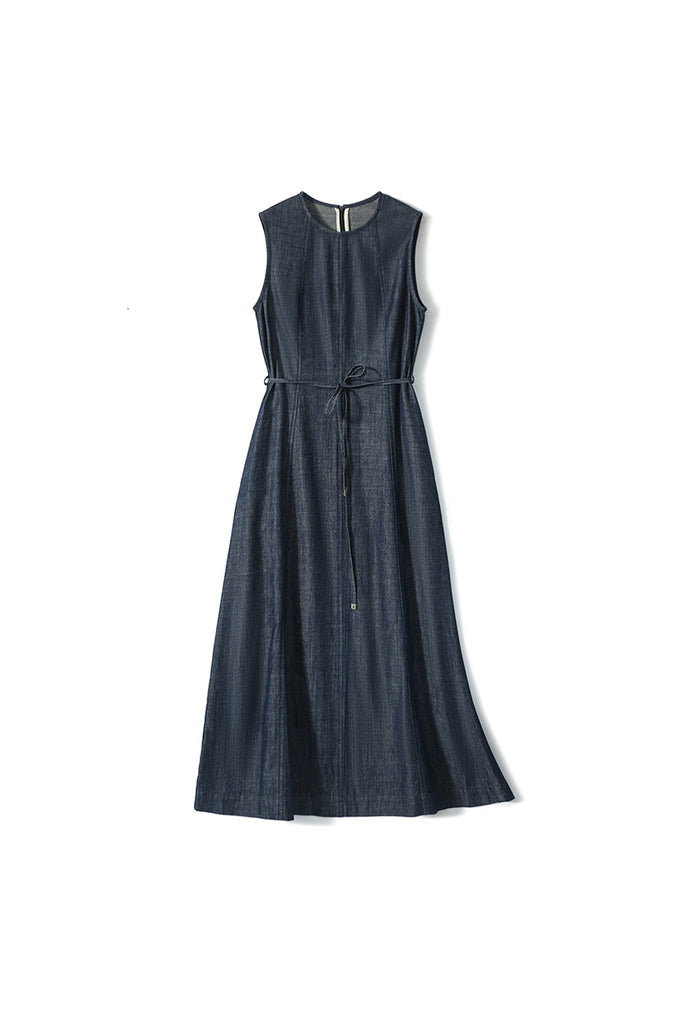 Paneled Sleeveless Denim A-Line Dress with Belt  Fibflx
