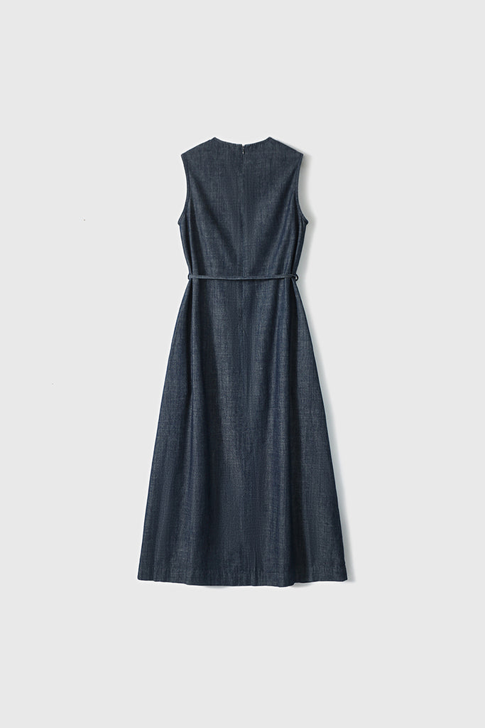 Paneled Sleeveless Denim A-Line Dress with Belt  Fibflx