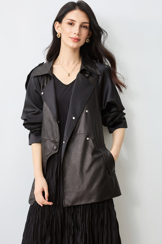 Patchwork Leather Double-Breasted Short Trench Coat Black / M Fibflx