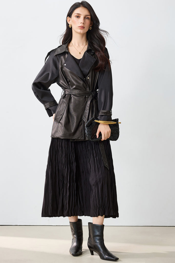 Patchwork Leather Double-Breasted Short Trench Coat  Fibflx