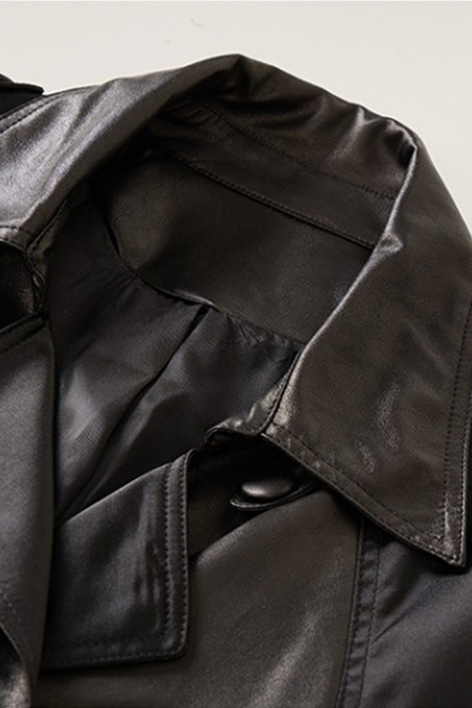 Patchwork Leather Double-Breasted Short Trench Coat  Fibflx