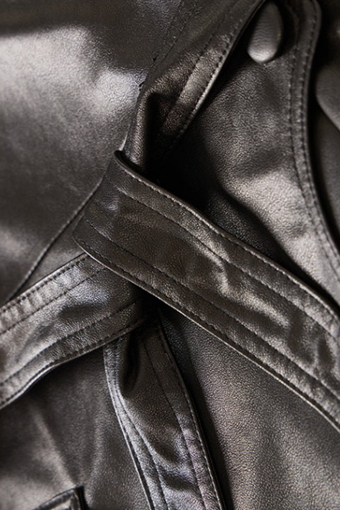 Patchwork Leather Double-Breasted Short Trench Coat  Fibflx