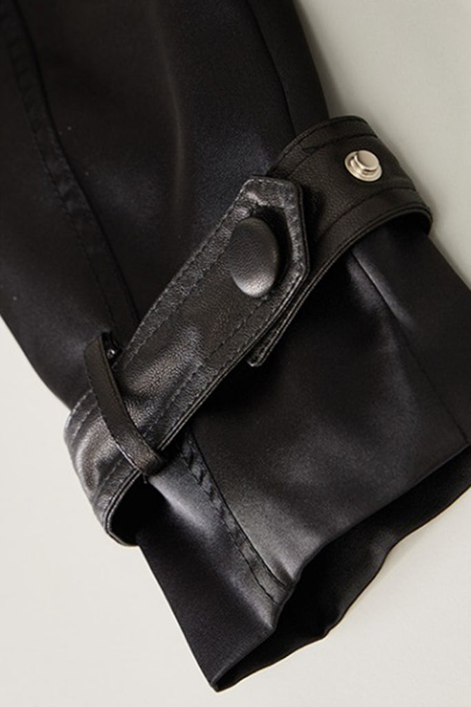 Patchwork Leather Double-Breasted Short Trench Coat  Fibflx