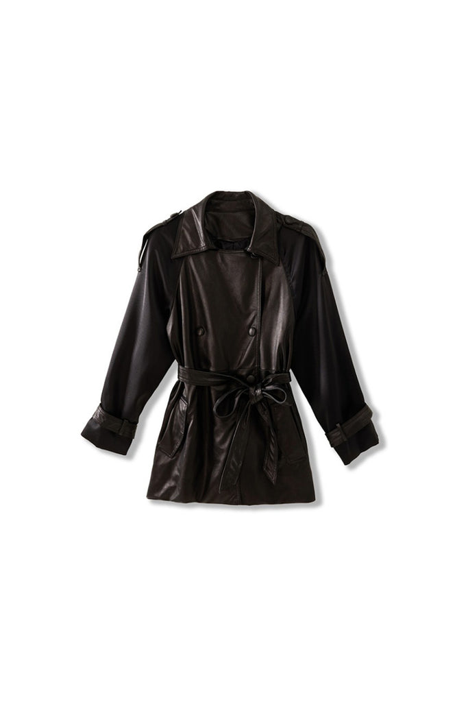 Patchwork Leather Double-Breasted Short Trench Coat  Fibflx