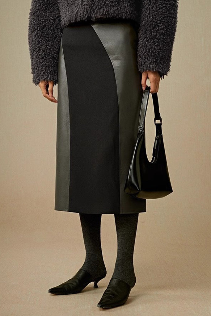 Patchwork Lether Suede A-Line Midi Skirt Black / L Fibflx
