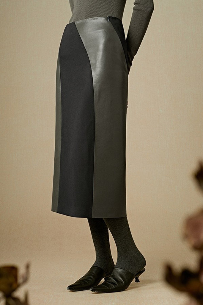 Patchwork Lether Suede A-Line Midi Skirt  Fibflx