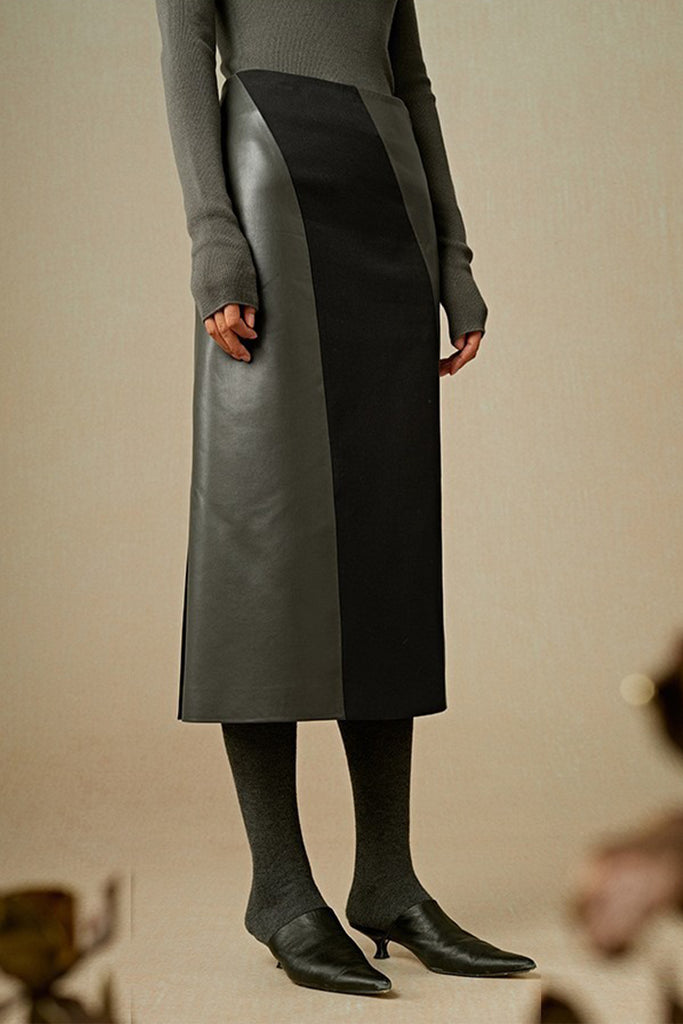 Patchwork Lether Suede A-Line Midi Skirt  Fibflx