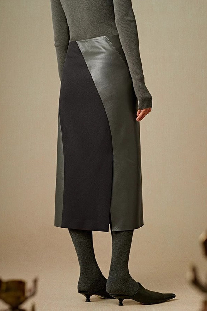 Patchwork Lether Suede A-Line Midi Skirt  Fibflx