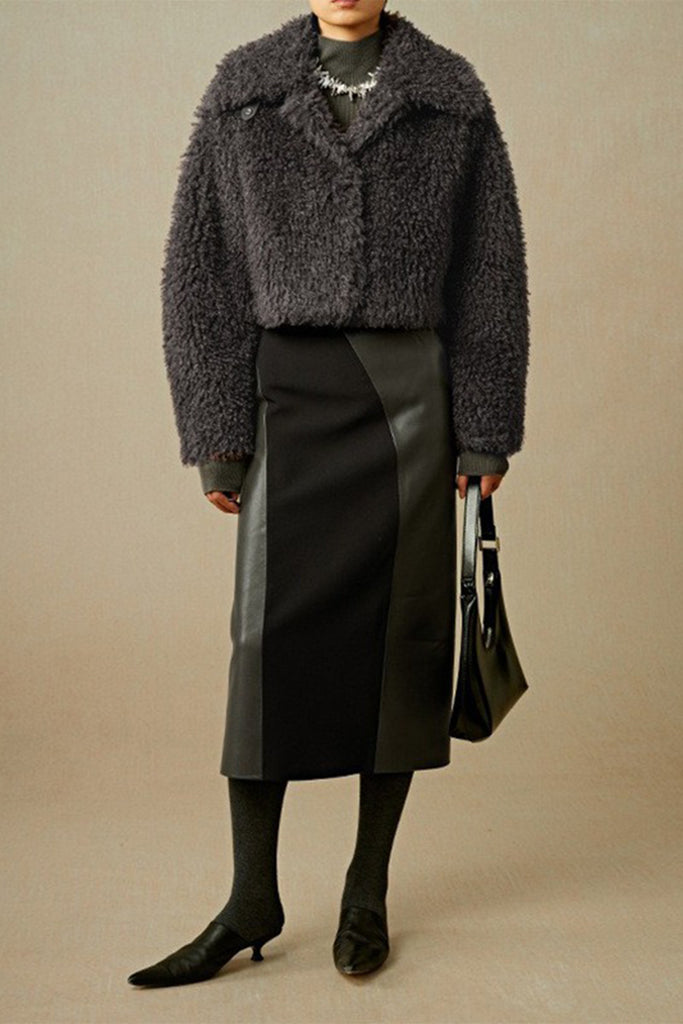 Patchwork Lether Suede A-Line Midi Skirt  Fibflx