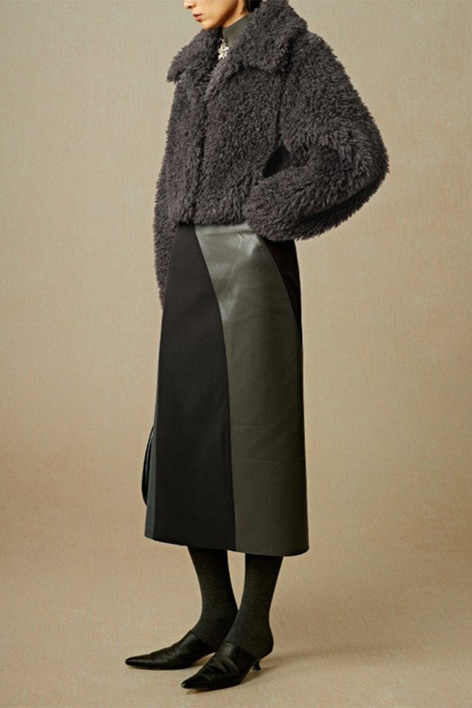 Patchwork Lether Suede A-Line Midi Skirt  Fibflx