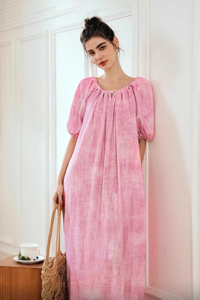 Pink Loose Puff-Sleeve Tie-Dye Midi Dress L / Soft Pink / 80% Viscose 20% Cotton Fibflx