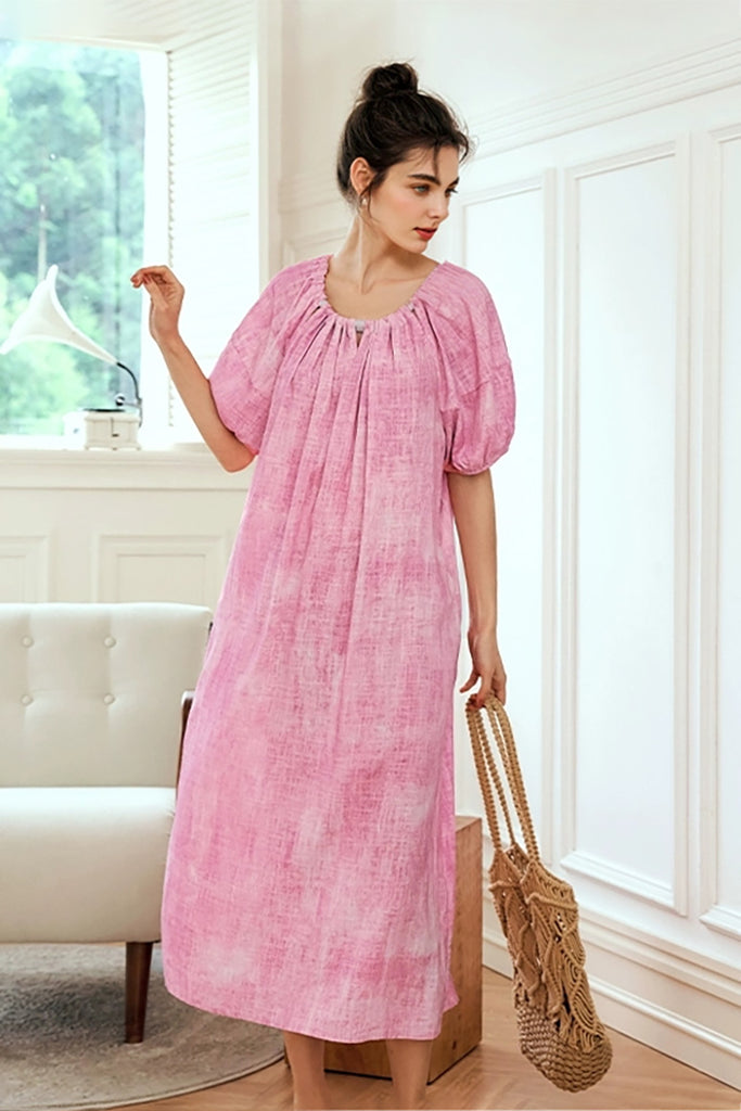 Pink Loose Puff-Sleeve Tie-Dye Midi Dress  Fibflx