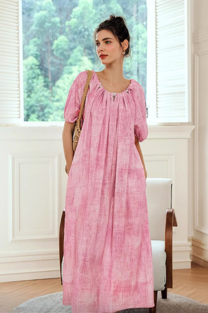 Pink Loose Puff-Sleeve Tie-Dye Midi Dress  Fibflx