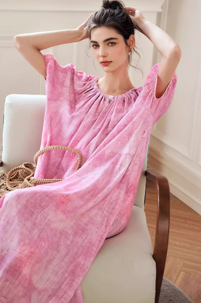 Pink Loose Puff-Sleeve Tie-Dye Midi Dress  Fibflx