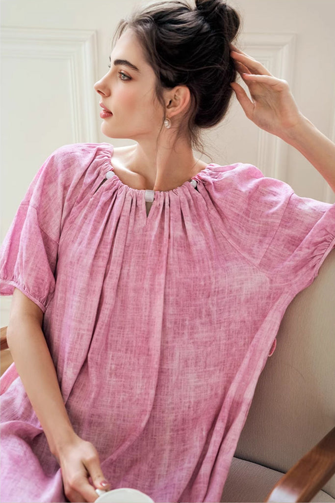 Pink Loose Puff-Sleeve Tie-Dye Midi Dress  Fibflx