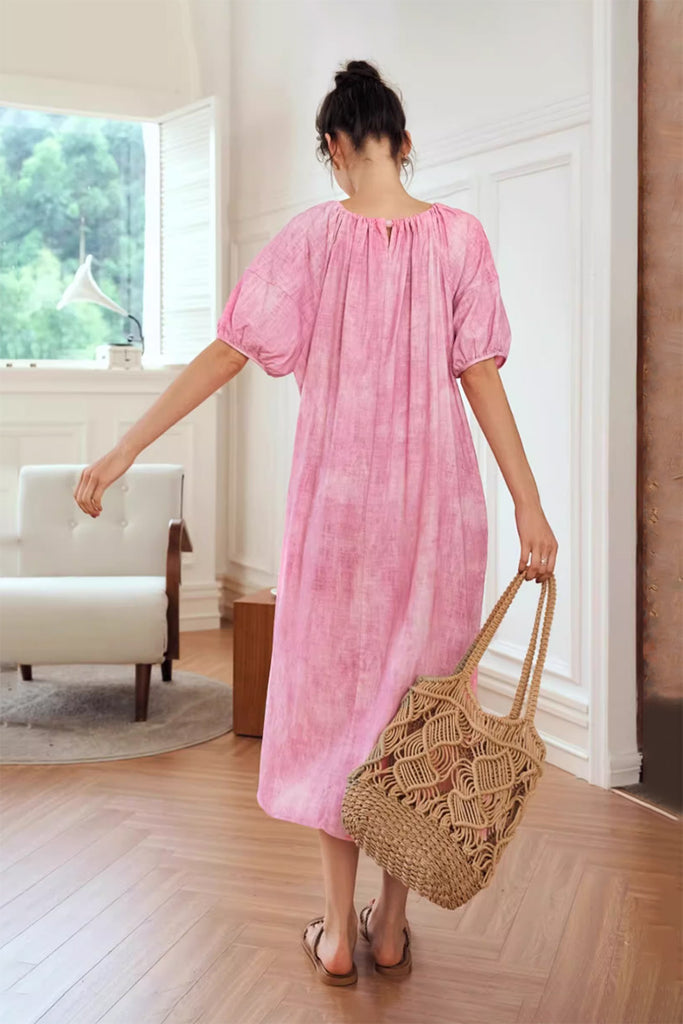 Pink Loose Puff-Sleeve Tie-Dye Midi Dress  Fibflx