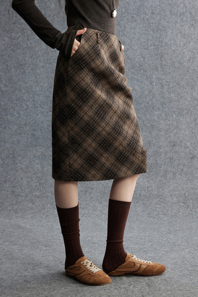 Plaid Wool-Blend Column Midi Skirt with Slit  Fibflx
