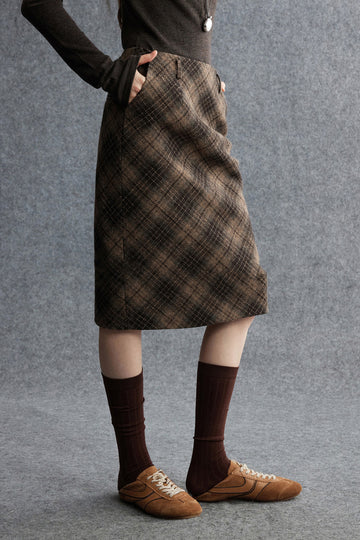 Plaid Wool-Blend Column Midi Skirt with Slit  Fibflx