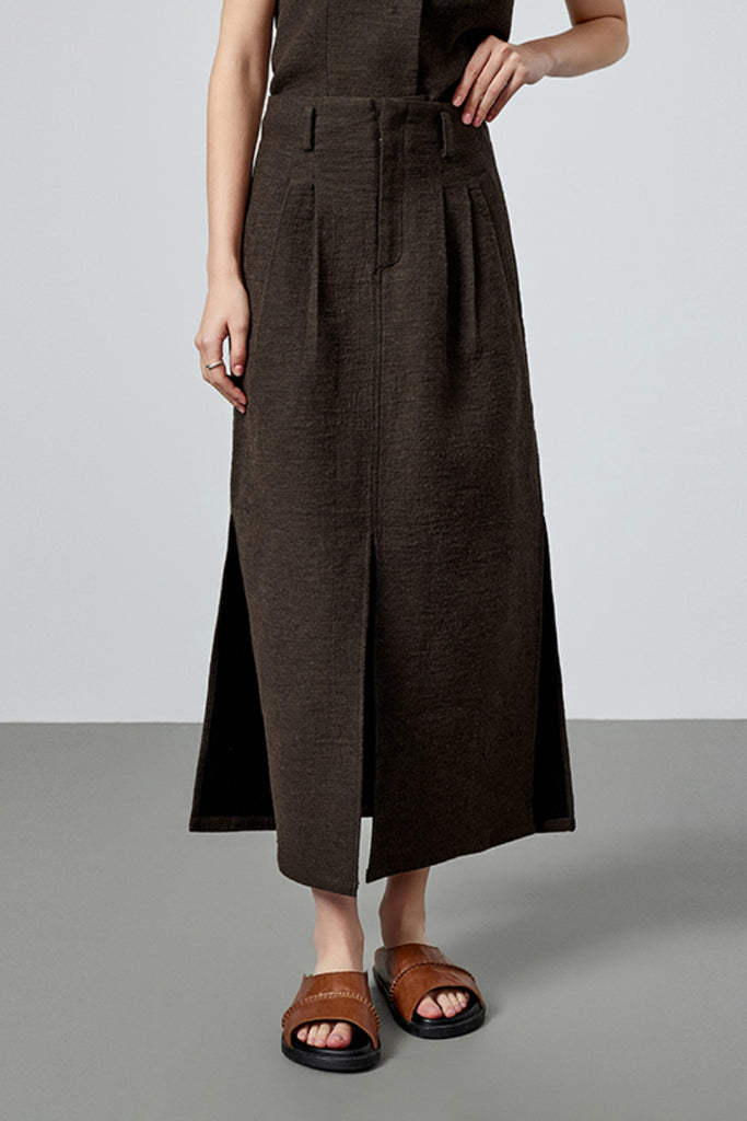 Pleated Cotton-Linen A-Line Midi Skirt with Slits Dark Brown / L Fibflx