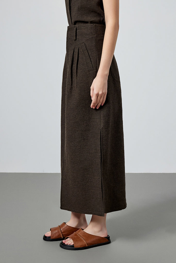 Pleated Cotton-Linen A-Line Midi Skirt with Slits  Fibflx
