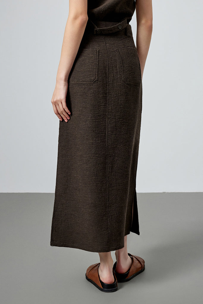Pleated Cotton-Linen A-Line Midi Skirt with Slits  Fibflx