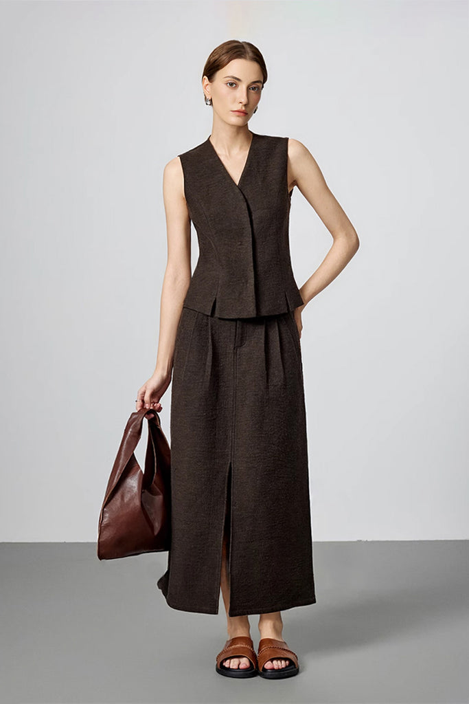 Pleated Cotton-Linen A-Line Midi Skirt with Slits  Fibflx