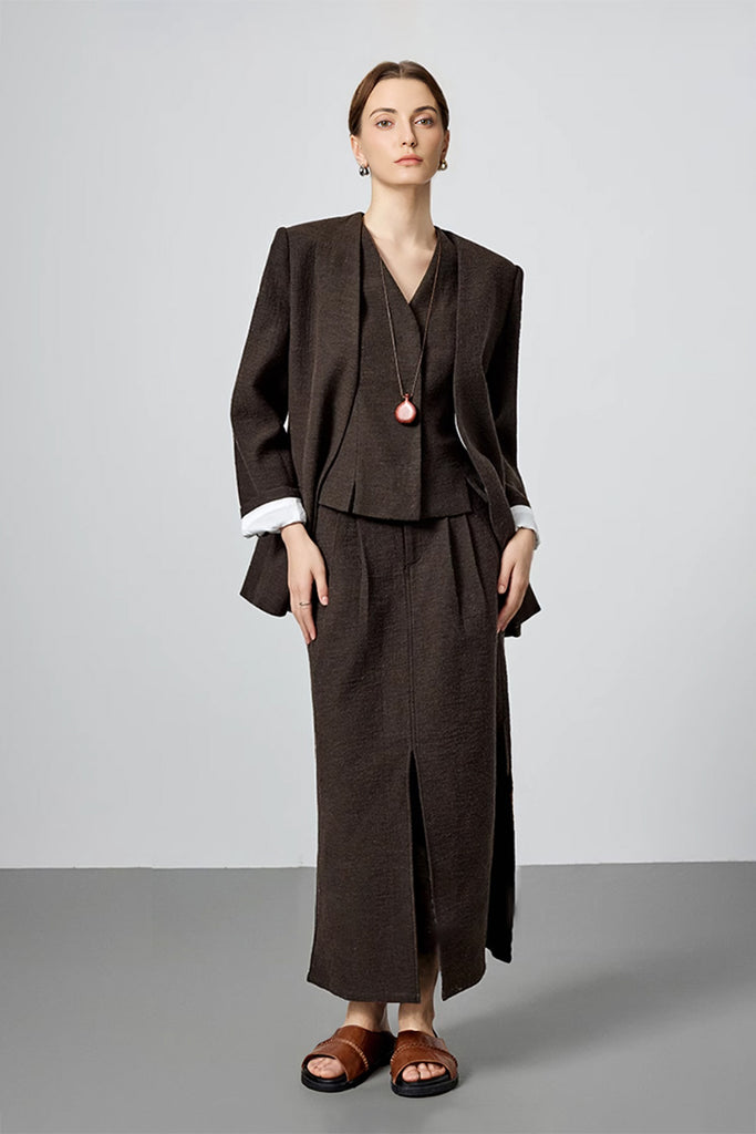 Pleated Cotton-Linen A-Line Midi Skirt with Slits  Fibflx