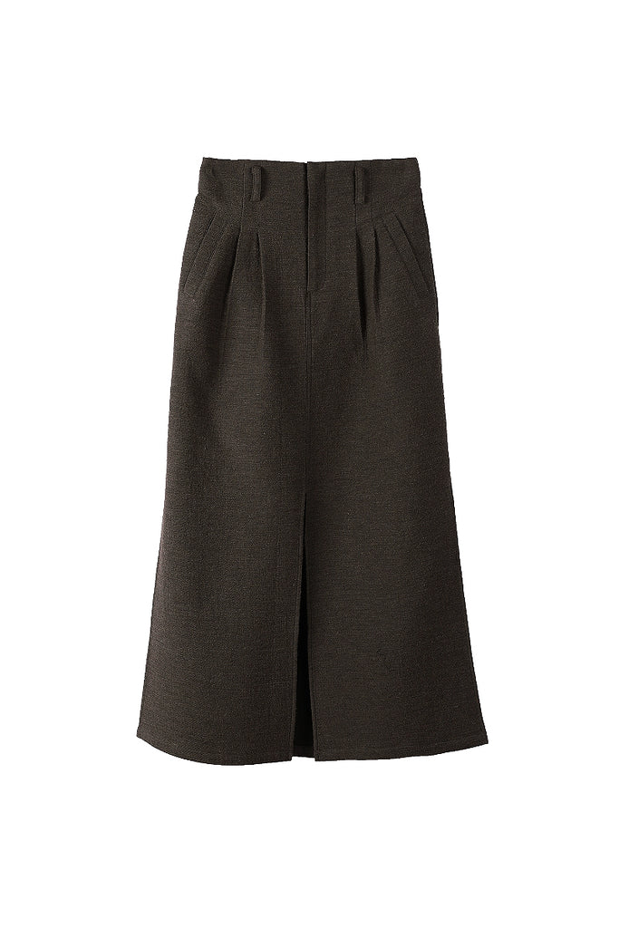Pleated Cotton-Linen A-Line Midi Skirt with Slits  Fibflx