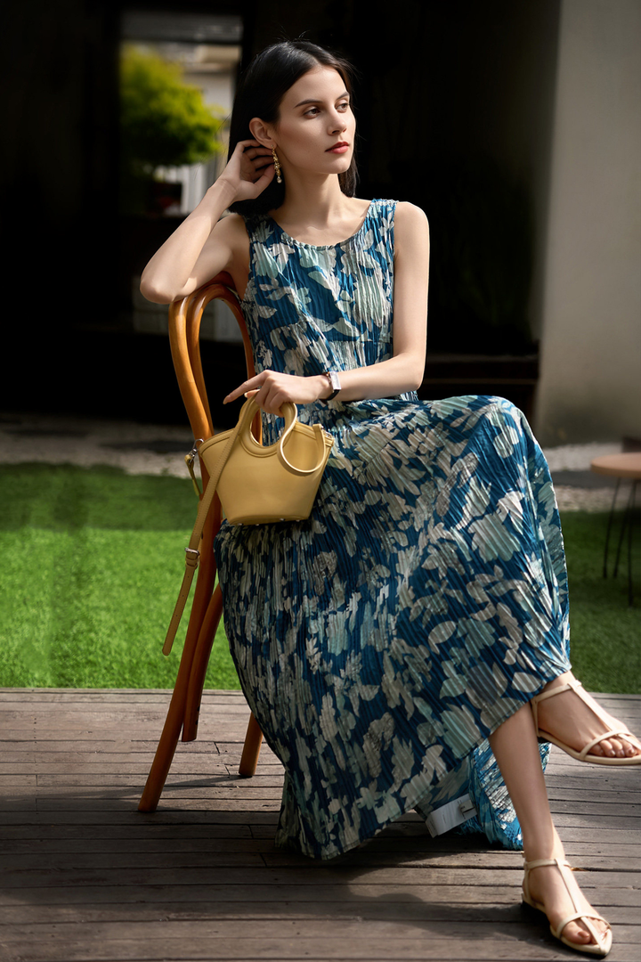Pleated Textured Sleeveless Maxi Tank Dress Aqua Blue / M