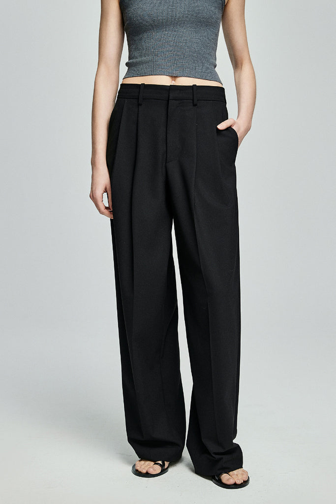 Pleated Wool-Blend High-Waisted Wide-Leg Dress Pants L / Black / 58% Recycled Polyester 29% Viscose 9%  Fibflx