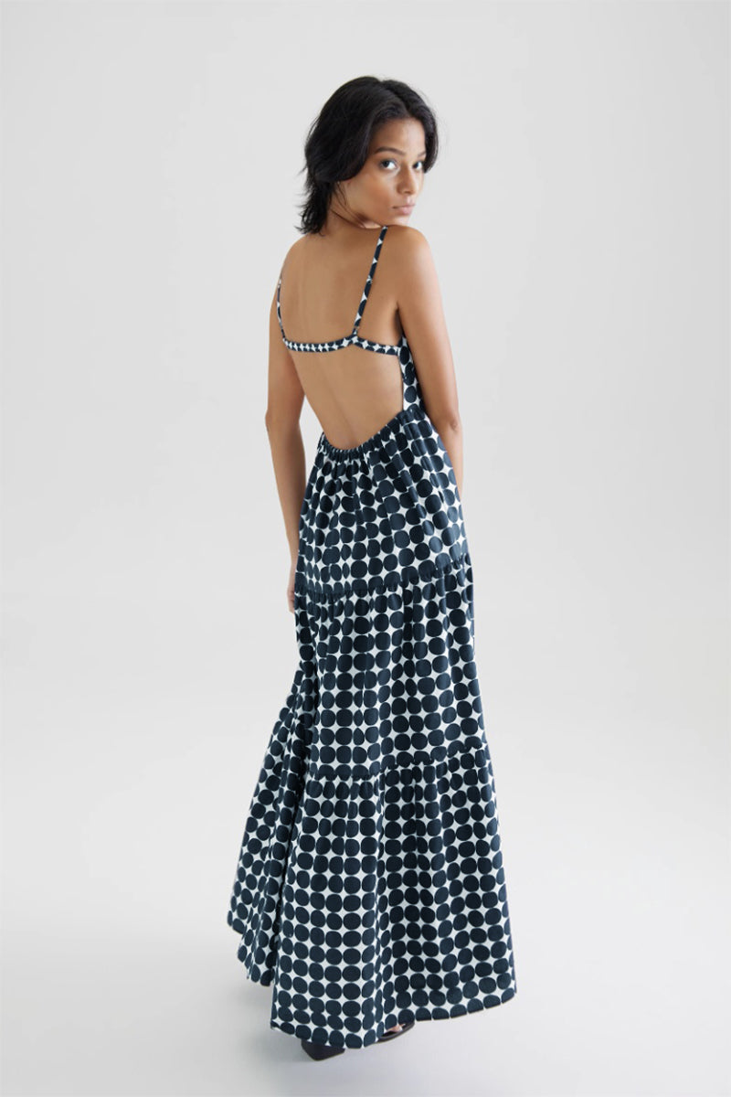 Polka Dot Tiered Backless Dress XS / Mid Night Blue Polka Dot / 50% Cotton 50% Polyester