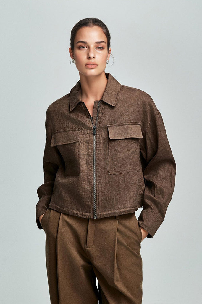 Fibflx Women's Premium French Linen Cropped Zip-Up Utility Jacket in Brown