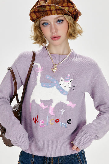 Fibflx Women's  Purple Mock Neck Pullover Sweater with Joyful Puss