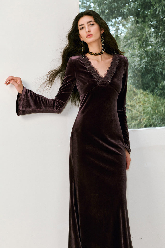Purple Velvet Long Sleeve Lace V-Neck Maxi Dress  Fibflx