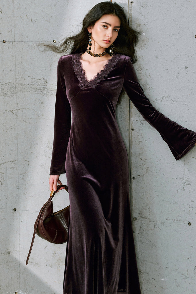 Purple Velvet Long Sleeve Lace V-Neck Maxi Dress  Fibflx