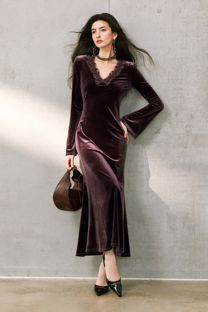 Purple Velvet Long Sleeve Lace V-Neck Maxi Dress  Fibflx