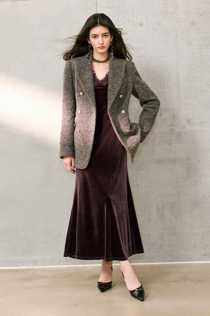 Purple Velvet Long Sleeve Lace V-Neck Maxi Dress  Fibflx