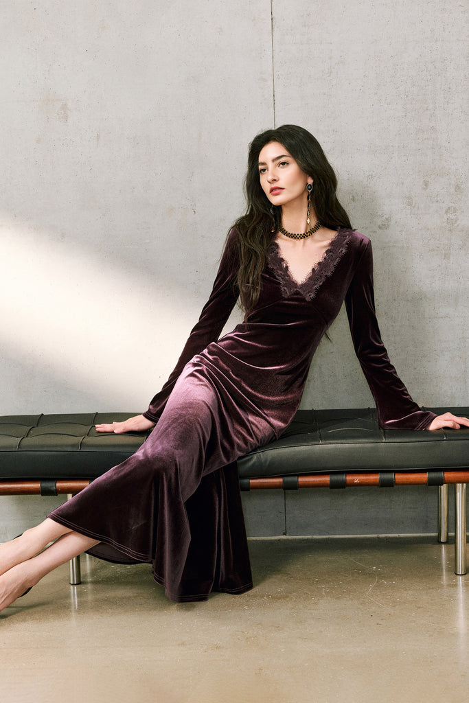 Purple Velvet Long Sleeve Lace V-Neck Maxi Dress  Fibflx