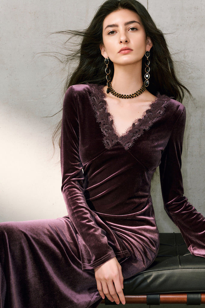 Purple Velvet Long Sleeve Lace V-Neck Maxi Dress  Fibflx