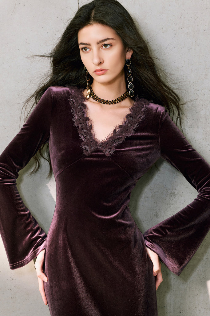 Purple Velvet Long Sleeve Lace V-Neck Maxi Dress  Fibflx