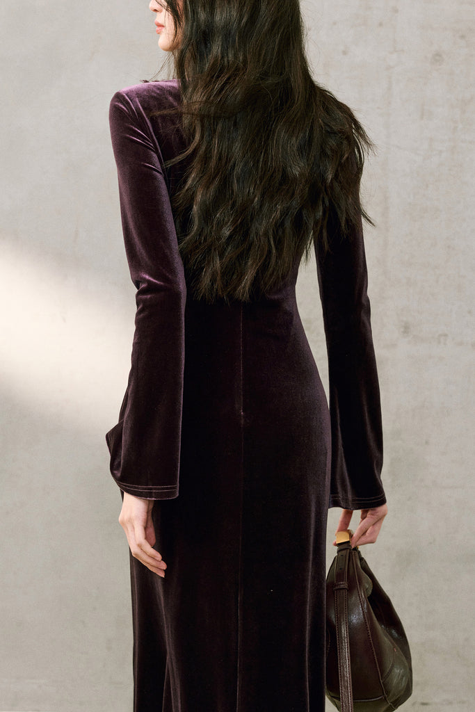 Purple Velvet Long Sleeve Lace V-Neck Maxi Dress  Fibflx