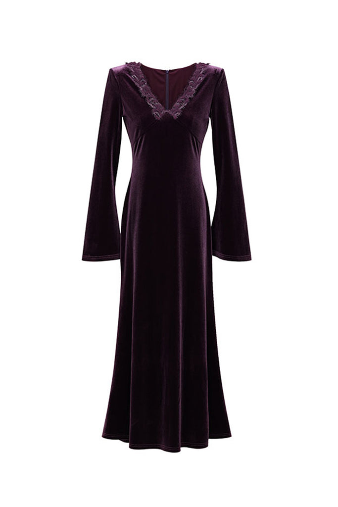 Purple Velvet Long Sleeve Lace V-Neck Maxi Dress  Fibflx