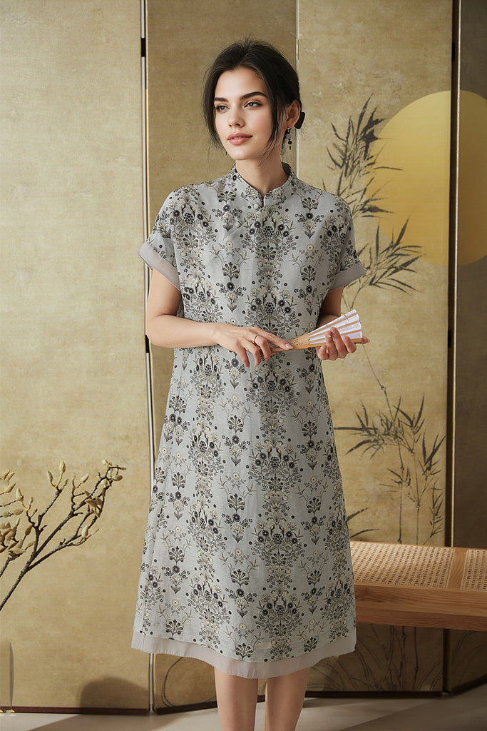 QIpao-Inspired Floral Midi Dress in Linen-Silk Blend - Fibflx