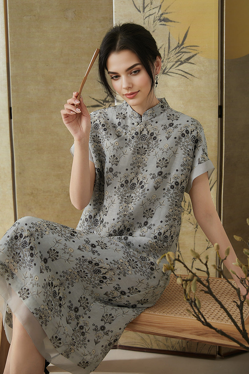 silk linen style dresses Qipao-Inspired Floral Midi Dress in Linen-Silk Blend M / Rhinestone Grey / 77.2% 22.8% Size:US 20/UK 22/EU 50 SCH005972_B_M Long Homecoming Dresses – The classic shirt style