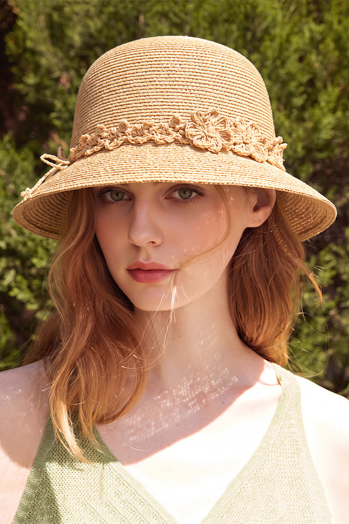 Raffia Straw Wide-Brim Bucket Hat with Crocheted Flower  Fibflx