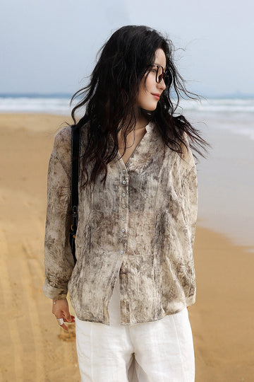 Ramie Beige Tie Dye Sheer Shirt - Fibflx
