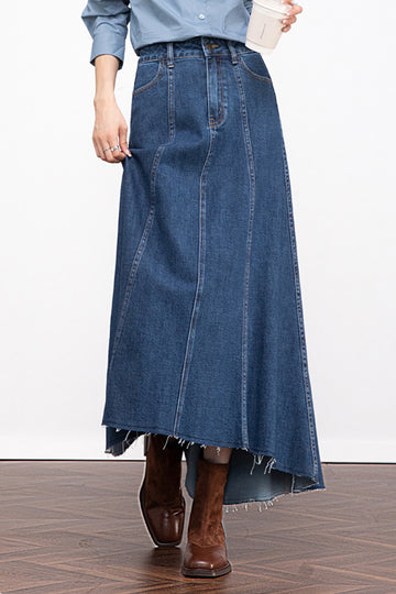 Fibflx Women's Reconstructed Denim A-Line Flare Midi Skirt with Raw Hem